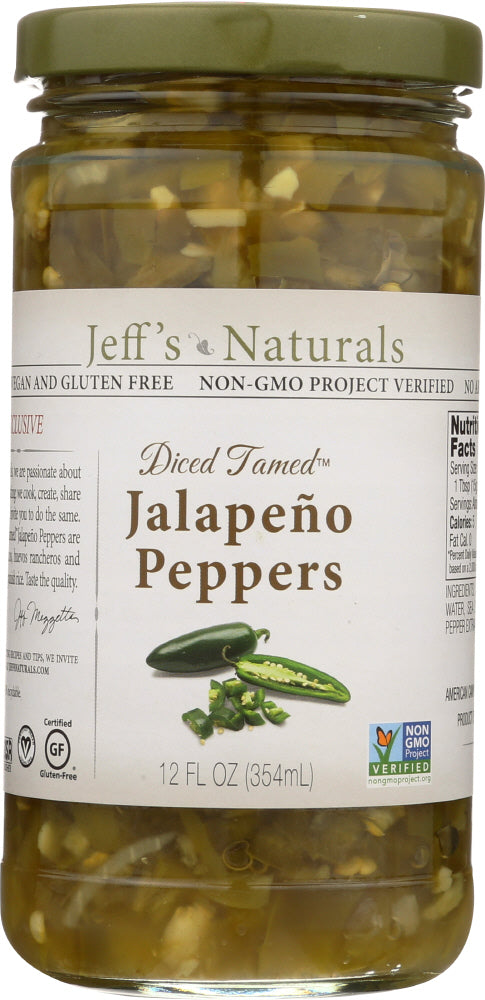 JEFF'S NATURALS: Diced Tamed Jalapeno Peppers, 12 oz