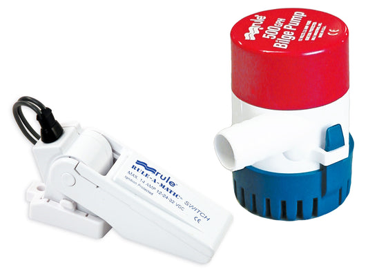 Rule 25D 12 V Bilge Pump 500 GPH Non-Automatic + Rule 35A -A-Matic Bilge Pump Float Switch, Mercury Free