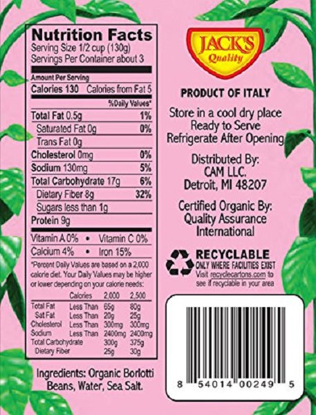JACKS QUALITY: Organic Low Sodium Borlotti Beans, 13.4 oz