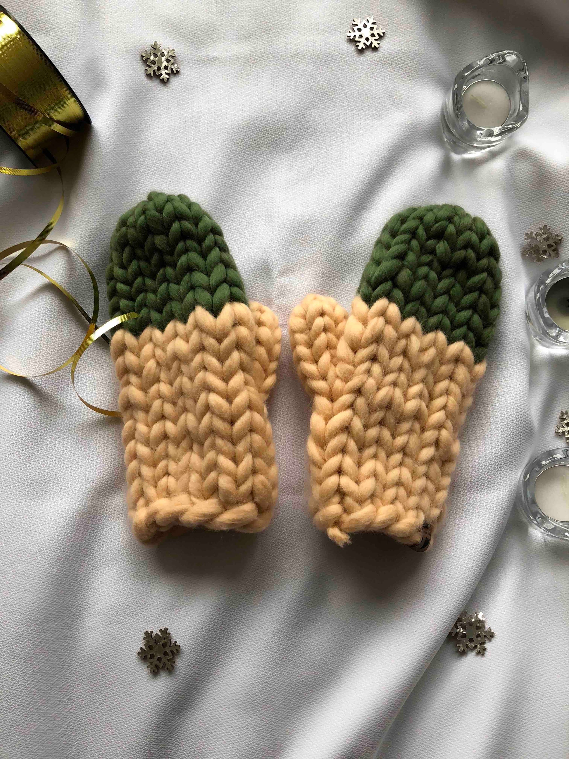 green knitted mittens