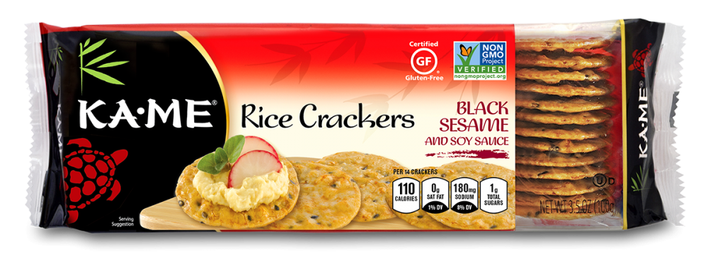 KA ME: Black Sesame and Soy Sauce Rice Crackers, 3.5 oz